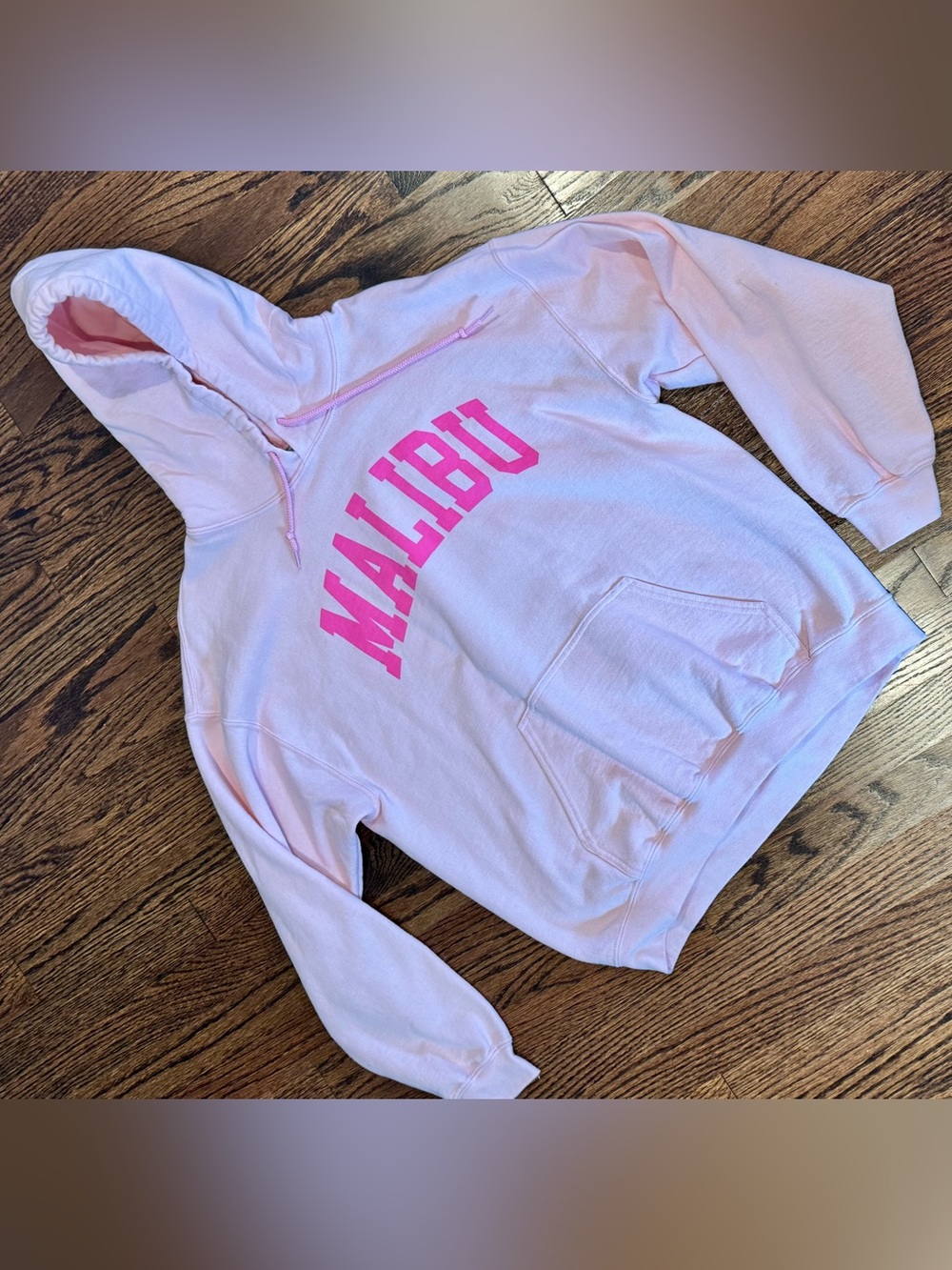 Women’s Gildan Light Pink Hoodie with Bright Pink MALIBU Logo size medium